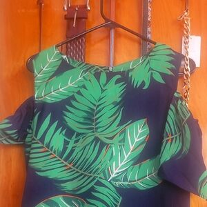 Tropical Leaf Print Off-Shoulder Top